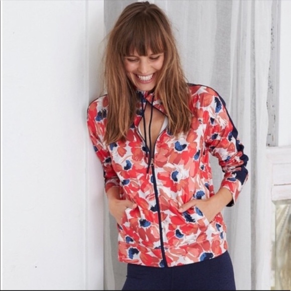 aerie Jackets & Blazers - aerie Red Floral Print Track Workout Bomber Jacket
